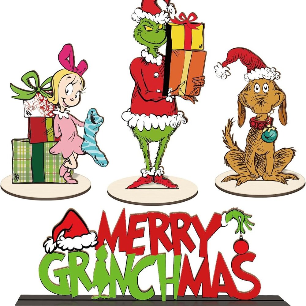 4 Pcs Christmas Table Decorations Signs Grinch's Wooden Centerpiece Signs